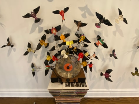 Like the site-specific, recycled aluminum can butterflies, Paul Villinski's LP Vinyl Record Bird Series is also available by commission. Making this work even more bespoke, even profoundly personal, the client chooses the individual records they would like to use as the material for sculptures. Selecting from one's own favorite singers, musicians, and albums, the resulting installation tells the story of the music which inspires the client musically . . . but now also visually.,  