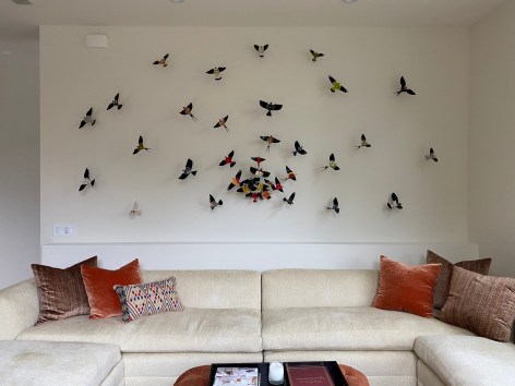 Like the site-specific, recycled aluminum can butterflies, Paul Villinski's LP Vinyl Record Bird Series is also available by commission. Making this work even more bespoke, even profoundly personal, the client chooses the individual records they would like to use as the material for sculptures. Selecting from one's own favorite singers, musicians, and albums, the resulting installation tells the story of the music which inspires the client musically . . . but now also visually.,  