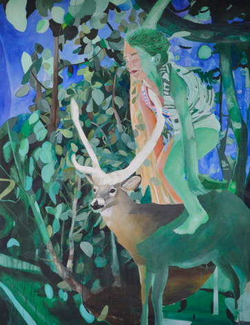 Acrylic painting of a girl standing on a deer in a lush junge