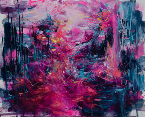 Abstract painting with various pinks and dark blue colors in a vibrant and dynamic composition.