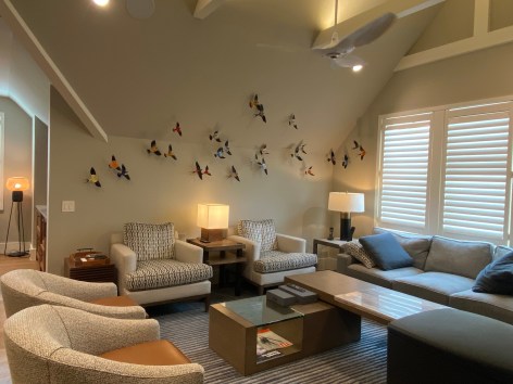 Like the site-specific, recycled aluminum can butterflies, Paul Villinski's LP Vinyl Record Bird Series is also available by commission. Making this work even more bespoke, even profoundly personal, the client chooses the individual records they would like to use as the material for sculptures. Selecting from one's own favorite singers, musicians, and albums, the resulting installation tells the story of the music which inspires the client musically . . . but now also visually.,  