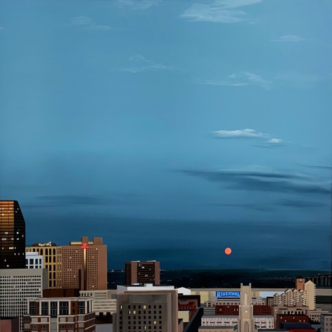 Aerial view painting of downtown New Orleans with a night sky and full moon