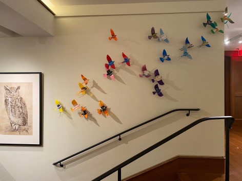 Like the site-specific, recycled aluminum can butterflies, Paul Villinski's LP Vinyl Record Bird Series is also available by commission. Making this work even more bespoke, even profoundly personal, the client chooses the individual records they would like to use as the material for sculptures. Selecting from one's own favorite singers, musicians, and albums, the resulting installation tells the story of the music which inspires the client musically . . . but now also visually.,  
