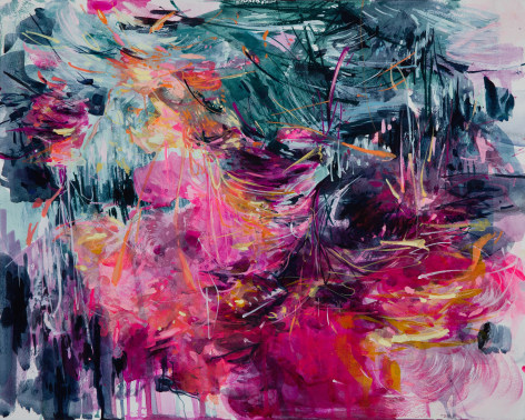 An abstract painting characterized by paint strokes of pink, blue, and green hues.