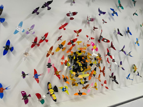 Like the site-specific, recycled aluminum can butterflies, Paul Villinski's LP Vinyl Record Bird Series is also available by commission. Making this work even more bespoke, even profoundly personal, the client chooses the individual records they would like to use as the material for sculptures. Selecting from one's own favorite singers, musicians, and albums, the resulting installation tells the story of the music which inspires the client musically . . . but now also visually.,  