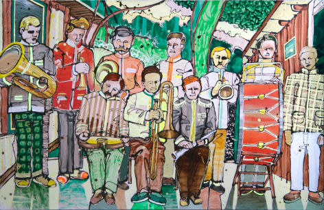 A colorful painting of a small band getting ready to perform with instruments in their hands.