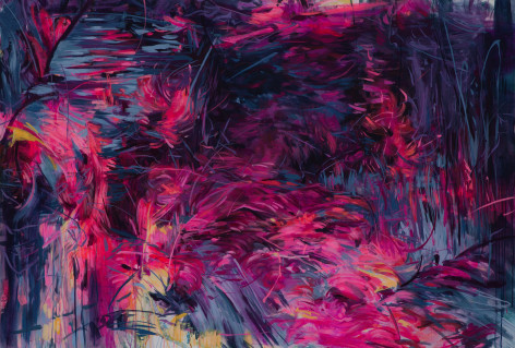 A gestural abstract painting with strokes of dark pink and blue colors.