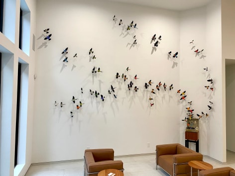 Like the site-specific, recycled aluminum can butterflies, Paul Villinski's LP Vinyl Record Bird Series is also available by commission. Making this work even more bespoke, even profoundly personal, the client chooses the individual records they would like to use as the material for sculptures. Selecting from one's own favorite singers, musicians, and albums, the resulting installation tells the story of the music which inspires the client musically . . . but now also visually.,  