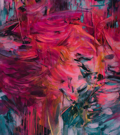 Gestural abstract painting with strokes of vibrant pink over dark green.