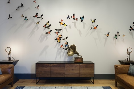 Like the site-specific, recycled aluminum can butterflies, Paul Villinski's LP Vinyl Record Bird Series is also available by commission. Making this work even more bespoke, even profoundly personal, the client chooses the individual records they would like to use as the material for sculptures. Selecting from one's own favorite singers, musicians, and albums, the resulting installation tells the story of the music which inspires the client musically . . . but now also visually.,  