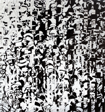 Static style painting of a crowd scene in monochrome.