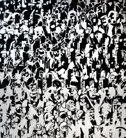 Static style painting of a crowd scene in monochrome.