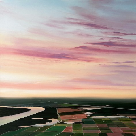 Aerial view painting of a pink sunrise over the Mississippi River