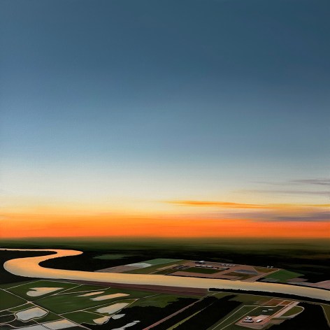 Aerial view painting of a sunset over the Mississippi River