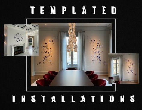 Paul Villinski's series of unique, open edition installations of 25, 50, or 100 butterfly elements are predetermined, artist-created compositions where the client may choose from any of the artist's colors/finishes and direction/orientation. For this option, the artwork arrives along with a template, simple installation instructions and a tool kit. The work may be installed by the client or a local installer (the gallery is happy to help assist with these details and may provide an installer if needed). This option is a more cost-effective and time-efficient way to acquire an installation (or smaller installation), forgoing both additional installation costs of artist travel combined with avoiding a longer wait time in scheduling the artist to install.