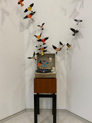 Like the site-specific, recycled aluminum can butterflies, Paul Villinski's LP Vinyl Record Bird Series is also available by commission. Making this work even more bespoke, even profoundly personal, the client chooses the individual records they would like to use as the material for sculptures. Selecting from one's own favorite singers, musicians, and albums, the resulting installation tells the story of the music which inspires the client musically . . . but now also visually.,  