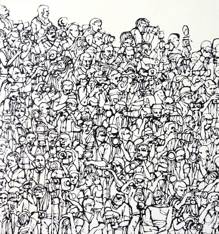 A black and white painting of an aerial view of several photographers.