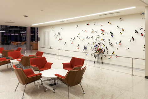 Like the site-specific, recycled aluminum can butterflies, Paul Villinski's LP Vinyl Record Bird Series is also available by commission. Making this work even more bespoke, even profoundly personal, the client chooses the individual records they would like to use as the material for sculptures. Selecting from one's own favorite singers, musicians, and albums, the resulting installation tells the story of the music which inspires the client musically . . . but now also visually.,  