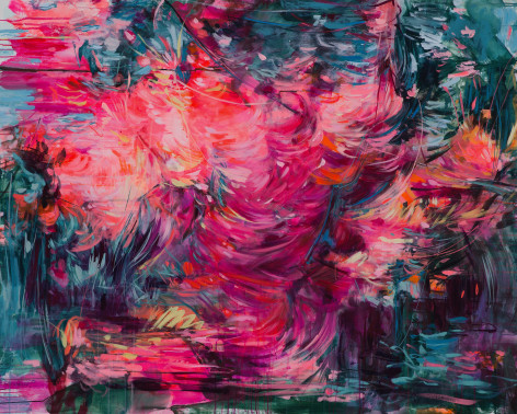 An abstract painting featuring vibrant pink and green colors, creating a visually captivating composition.