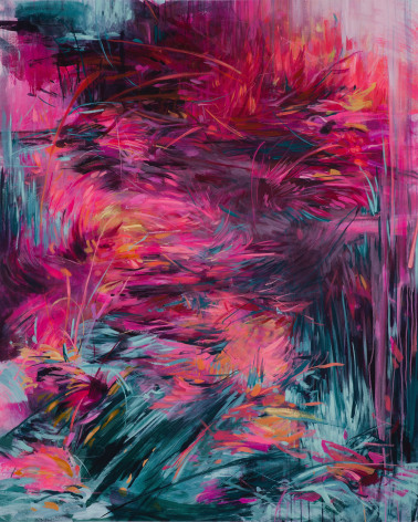 A colorful abstract painting with shades of pink over blue and green hues.