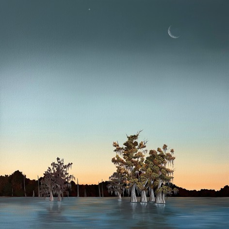 Painting of a sunset over the bayou with a crescent moon