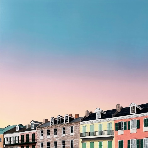 Painting of pink and blue sunset over colorful buildings on Decatur St., New Orleans