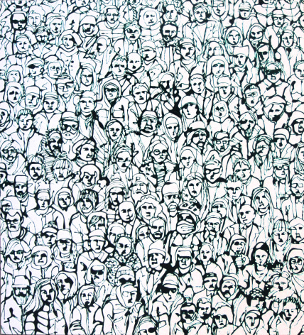 A monochrome painting of various people outlined on a white background, resembling an aerial view of voters.