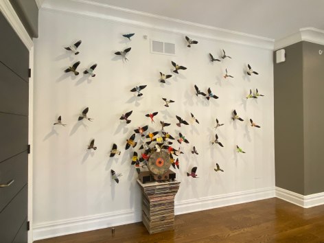 Like the site-specific, recycled aluminum can butterflies, Paul Villinski's LP Vinyl Record Bird Series is also available by commission. Making this work even more bespoke, even profoundly personal, the client chooses the individual records they would like to use as the material for sculptures. Selecting from one's own favorite singers, musicians, and albums, the resulting installation tells the story of the music which inspires the client musically . . . but now also visually.,  