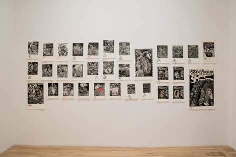 Installation view of Sue Coe, 'Political Television,' George Adams Gallery, New York, 2022.