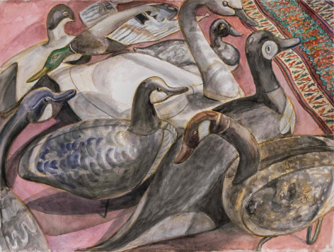 Philip Pearlstein watercolor showing duck decoys on a rug