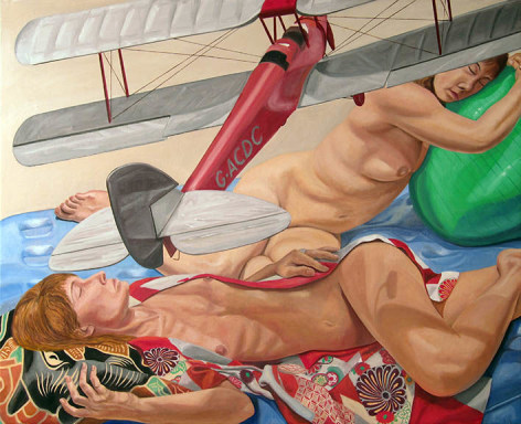 Models Lying Down with Model Biplane and Exercise Ball, 2014, Oil on Canvas