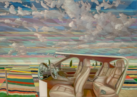 car interior nestled among patchwork landscape and clouds overhead