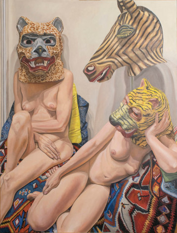 Philip Pearlstein Two Models with Three Masks with Turkish Rug, 2015&nbsp;