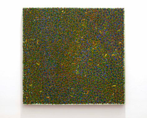 abstract painting full of multicolored dots, predominantly green