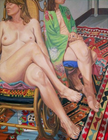 Two Female Models Sitting with Legs Crossed and Kazak Rug, 2013, Oil on Canvas