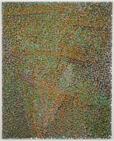Abstract painting of multicolored dots, mostly green