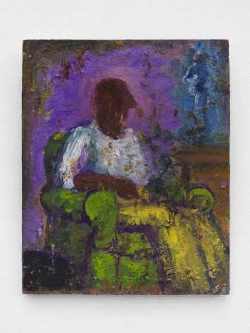 Man in Yellow Pants Sitting in Armchair,&nbsp;2022, Oil on wood panel
