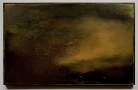 Brown, yellow, and green abstract painting that looks like a sunrise