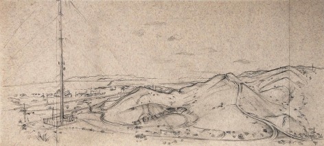 Rackstraw Downes drawing of cell tower emerging from desolate desert hills with some sagebrush