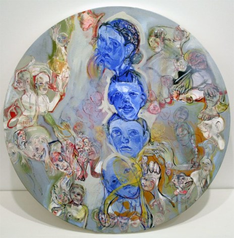 Circular painting of stacked blue heads and more heads surrounding them