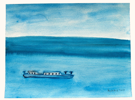 Blue image of sky, water, and steamboat