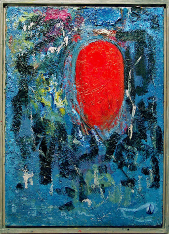 Abstract painting with red oval on top of blue multi-colored background