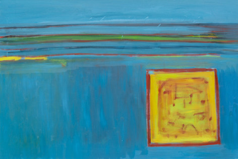 Blue abstract painting with multi-colored horizontal lines on upper third and yellow square in bottom right corner