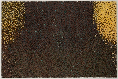 Abstract painting of brown dots in center third and yellow dots on top corners