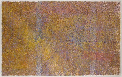 Abstract painting of multicolored dots, mostly yellow
