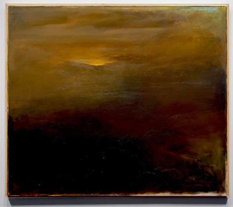 Abstract painting that looks like a landscape with a small amount of golden hour light coming through the clouds