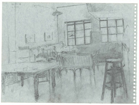 Recent Rackstraw Downes drawing depicting furniture in his living room