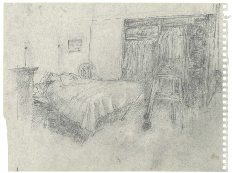 Recent Rackstraw Downes drawing his bed, his walker, and his closet