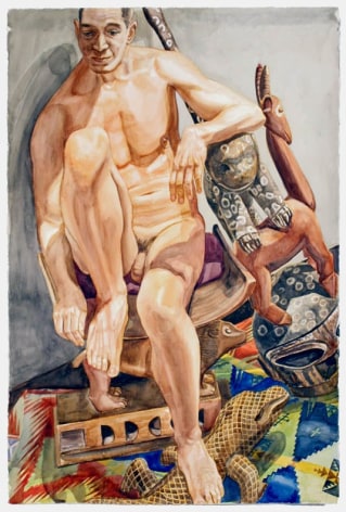 NUDE MALE WITH AFRICAN, CARVINGS, 2010