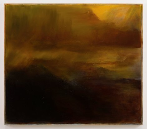 Brown, yellow, and green abstract painting that looks like mountains and a sky with light coming through the clouds
